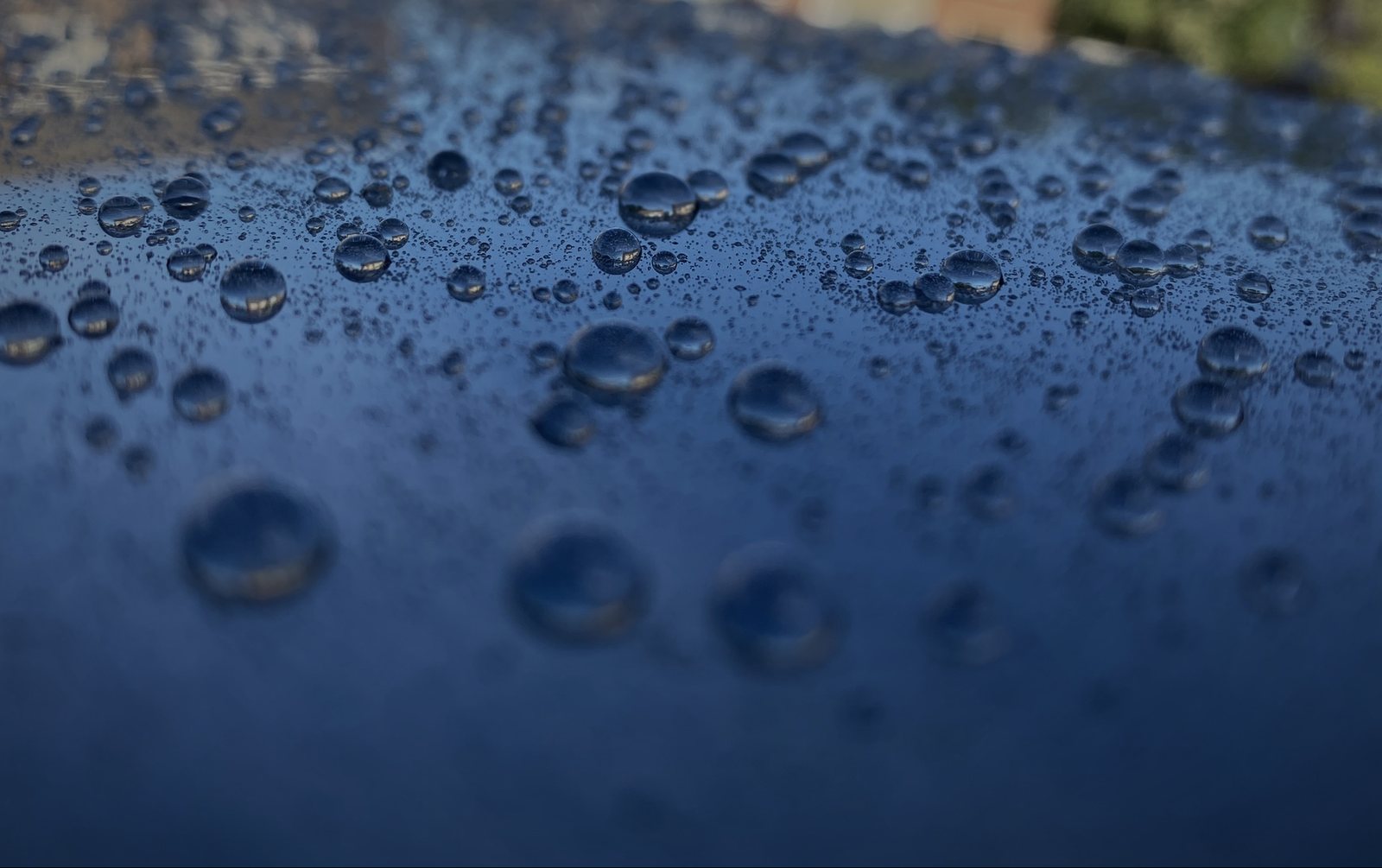 Water beading close-up on protected blue paint